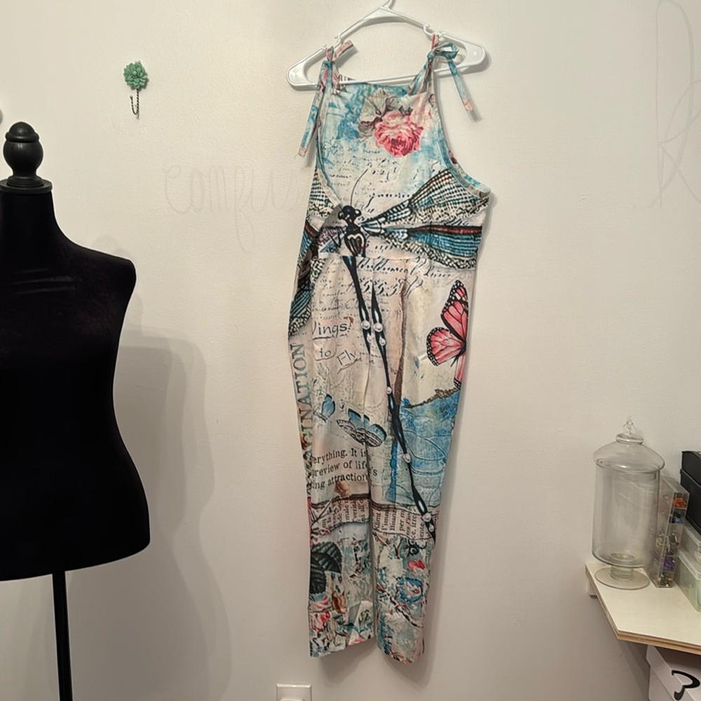 NEW Jumpsuit oversized pockets dragonfly butterfly  Medium - Picture 3 of 6